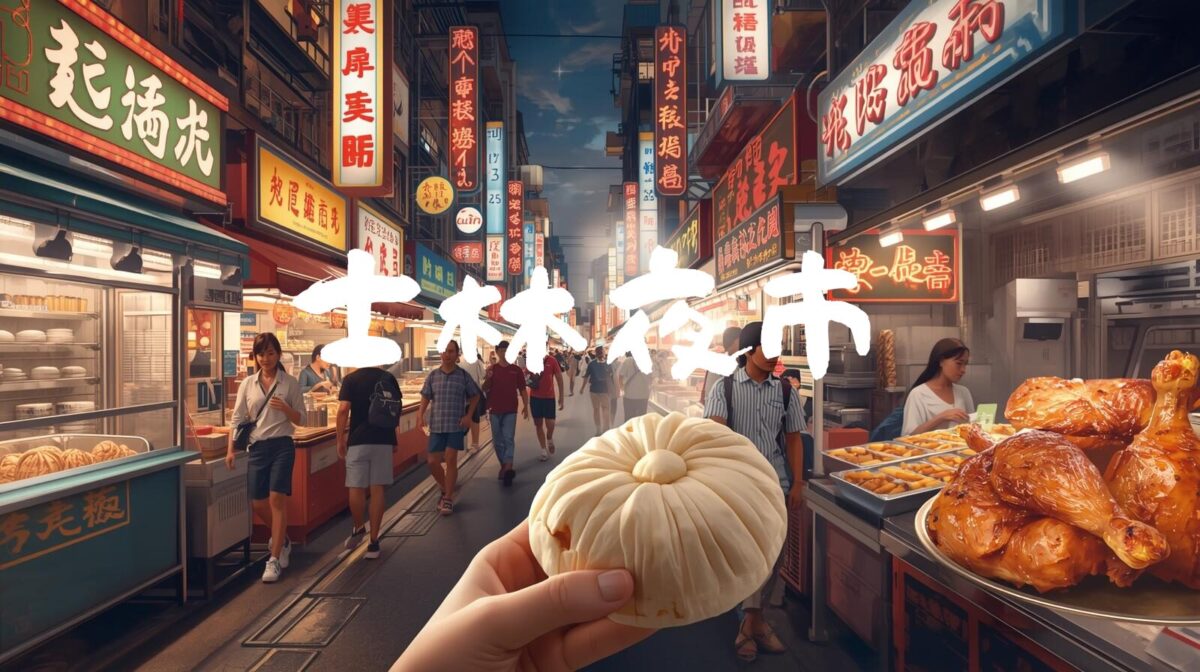 夜の士林夜市の通り、光る屋台と人々、手に持った肉まんと鶏が見えるにぎやかな様子