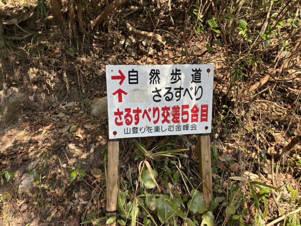 金峰山5合目の自然歩道とさるすべりコース分岐看板