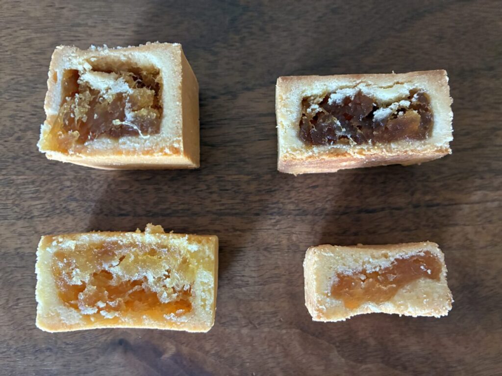 台湾パイナップルケーキ4ブランドの断面比較（佳徳・新東陽・サニーヒルズ・郭元益）